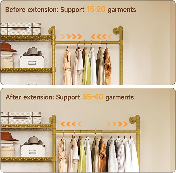 L3 Industrial Pipe Closet Organizer System, Wall Mounted Clothes Rack Clothing Racks with 4 Telescopic Rods & 6 Shelves , Heavy Duty Closet System in Wardrobe Closet (Gold)