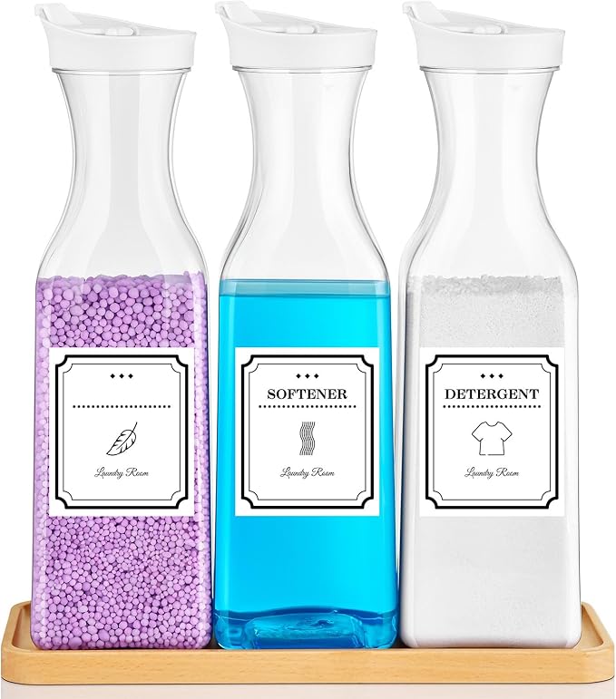 Laundry Detergent Dispenser,54OZ Laundry Soap Dispenser,Liquid Laundry Detergent Container,Fabric Softener Dispenser with Bamboo Wood Tray,Laundry Room Organizer with 4 Labels