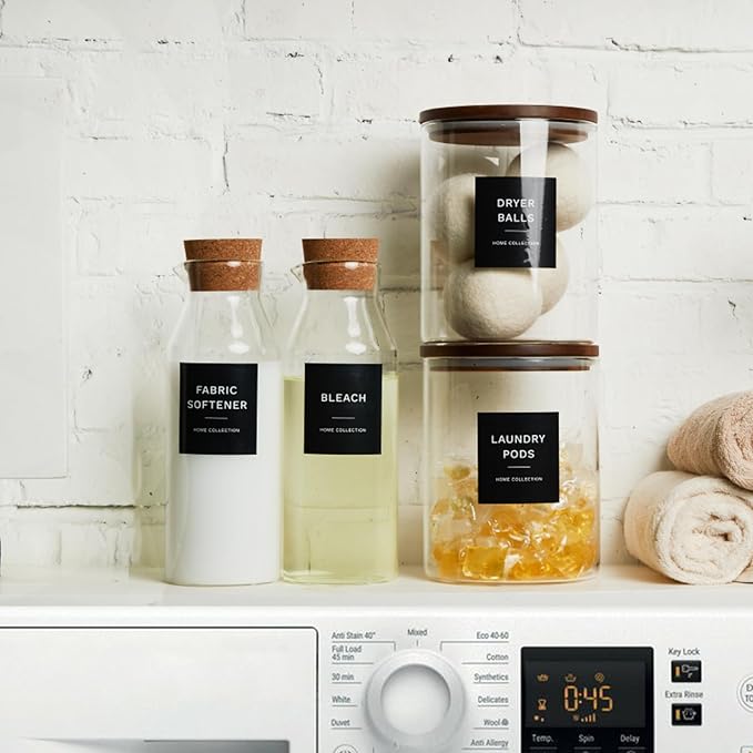 Glass Laundry Storage Containers Set, 4 Pack Liquid Detergent Dispenser with Cork Lid & Laundry Room Organization Jar with Acacia Lid, Fabric Softener Dispenser Bottles and Powder Detergent Organizer