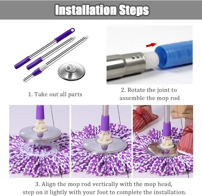 Spin Mop Replacement Mop Handle, 49-inch 360 Degrees Rotating Telescopic Replacement Mop Stick with Stainless Steel Disc for Spin Mop Bucket Cleaning System (Stainless Steel Disc, Blue)