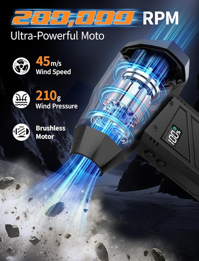 Compressed Air Duster, 200000RPM Electric Air Duster with Light, 4-Gear Adjustable Cordless Dust Blower for Computer, Keyboard, Outdoor, Home and Car (FB09-Black)