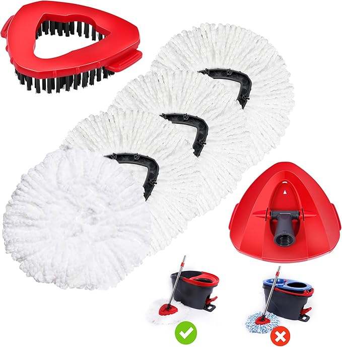 4 Pack Spin Mop Replacements Head Compatible with Oceda EasyWring 1-Tank System,Microfiber Spin Mop Refills Head,1 Mop Scrub Brush + 1 Mop Base + 4 Pack Cleaning Floor Mop Head（White)