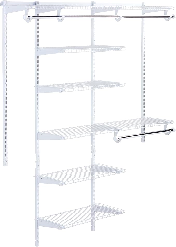 Rubbermaid Configurations Deluxe Custom Closet Kit 3-6 Ft. Adjustable Metal Wire Shelving White Finish Expandable Organization System Hardware Included for Home Closet/Pantry/Laundry/Mudroom