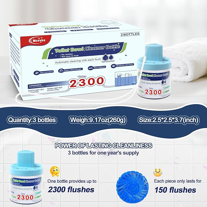 Toilet Bowl Cleaners, Blue Cleaner Tablets in Bottle, Deodorizes, Freshens Odors, Drops Into Toilet Tank, Long Lasting Slow Release, Septic tank safety - 3 packs