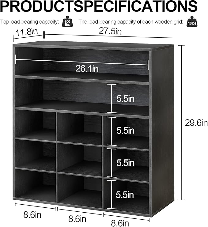 Garden 4 you Shoe Rack Organizer, 5-Tier Wood Cubby Shoe Rack with 2 Storage Shelf and 9 Cubbies, Shoe Organizer Cabinet for Entryway, Hallway, Closet and Garage,Black