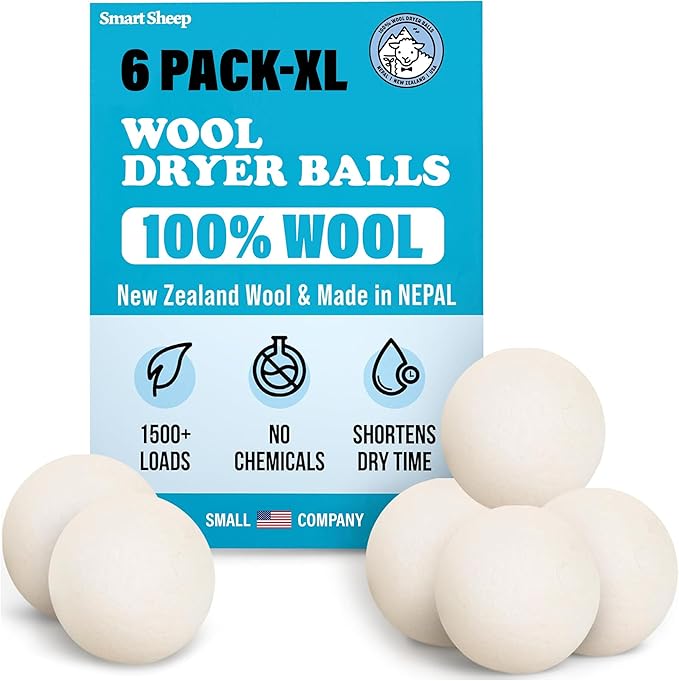 Wool Dryer Balls - Smart Sheep 6-Pack - XL Premium Natural Fabric Softener Award-Winning - Wool Balls Replaces Dryer Sheets - Wool Balls for Dryer - Laundry Balls for Dryer, 6 Count (Pack of 1)