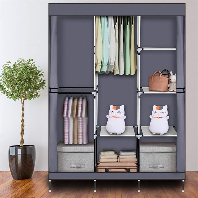 Portable Closet Wardrobe,71'' Closet Storage Organizer Rack with Shelves and Cover for Hanging Clothes, Non-Woven Fabric, Quick and Easy to Assembly (Gray)