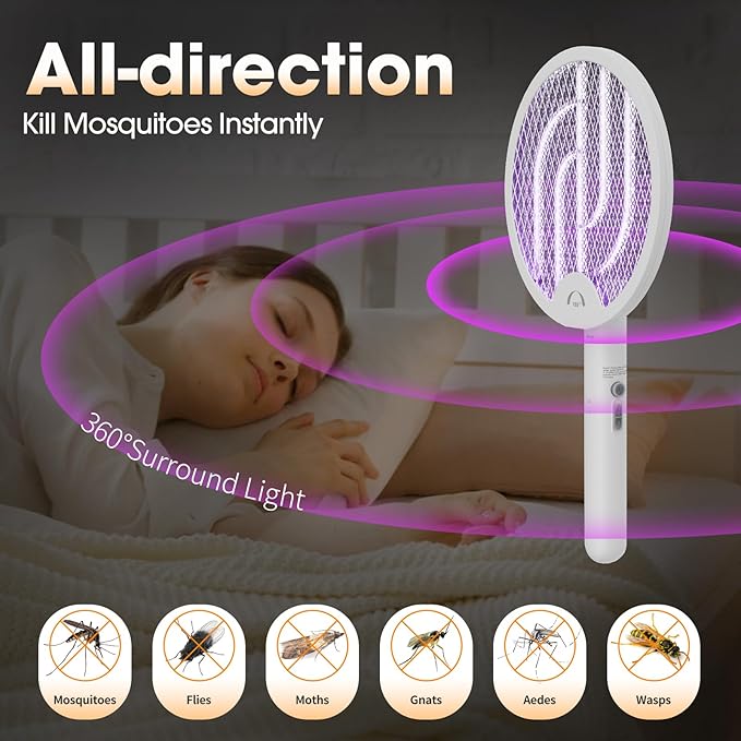 Fly Swatter Electric Racket Bug Zapper Racket 3 in 1 Rechargeable Foldable Electric Fly Swatter Foldable Mosquito swatter for Indoor and Outdoor