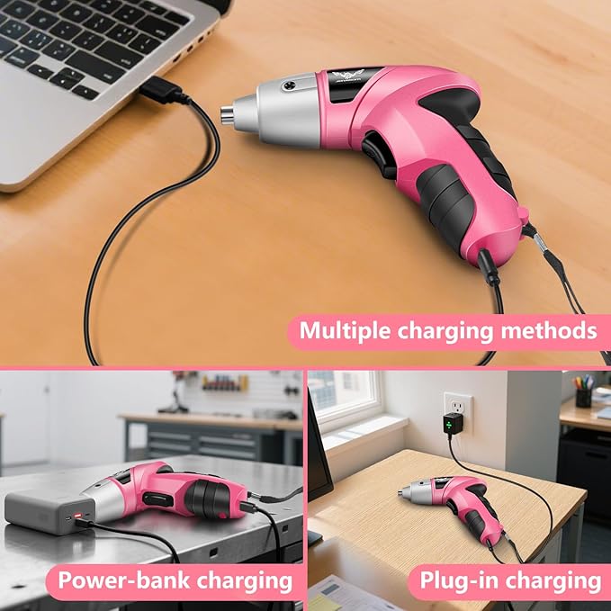 Pink Cordless Electric Screwdriver, 3.6V Rechargeable Small Electric Drill with 24pcs Driver Bit Set, Power 3.5Nm Screw Gun with LED Light for Women