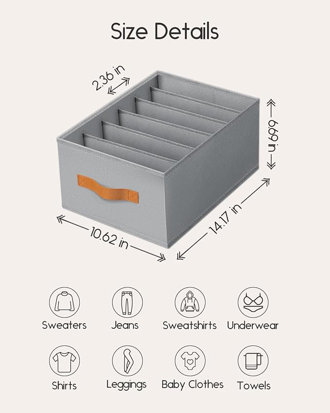 Homsorout Closet Organizers and Storage - Fabric Clothes Organizer with Handles, Foldable Jeans Organizer for Clothes, Drawer Organizer for Shirts, Bra, Sweater, Scarf, 4 Pack, Grey