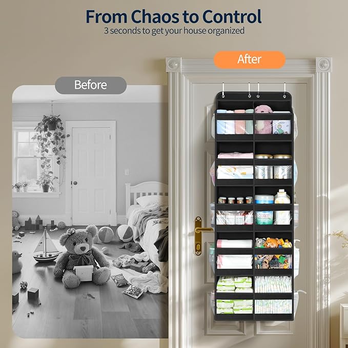 Yecaye 5-Tier Over The Door Organizer Dual-Column, 80lbs Load Over the Door Storage of 10 Compartments, Heavy Duty Extra Large Door Organizer Hanging for Bedroom Nursery Bathroom Pantry, Black, 1 Pack