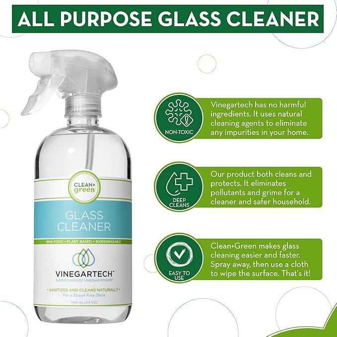 CLEAN+GREEN VinegarTech Glass Cleaner Spray - Cleaning Vinegar- Vinegar For Cleaning Purpose - Glass Cleaner, Window Cleaner, Bathroom Glass Cleaner- Spray Cleaner for House Supplies- 24 Fl Oz
