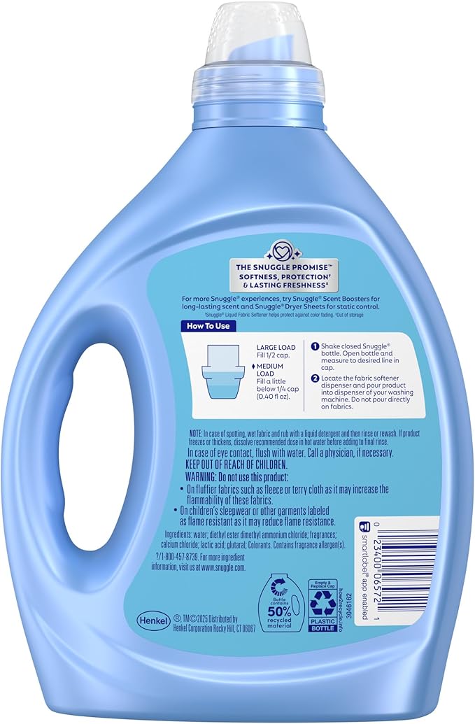 Snuggle Fabric Softener Liquid, Ultra Concentrated, 80 Oz, 200 Medium Loads, Blue Sparkle Fabric Conditioner, Long-Lasting Fresh Scent, Softens, Reduces Static & Fights Wrinkles, Helps Protect Color