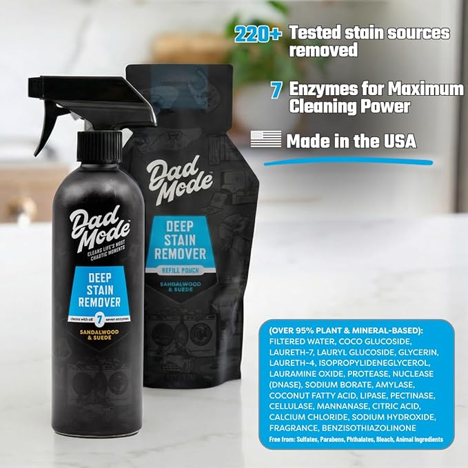 DadMode Laundry Stain Remover | 1000 Stain Treatments | 7-Enzyme Deep Cleaner & Odor Eliminator | 3-Pack Refill | Tough on Human, Food, & Pet Stains | Sandalwood & Suede
