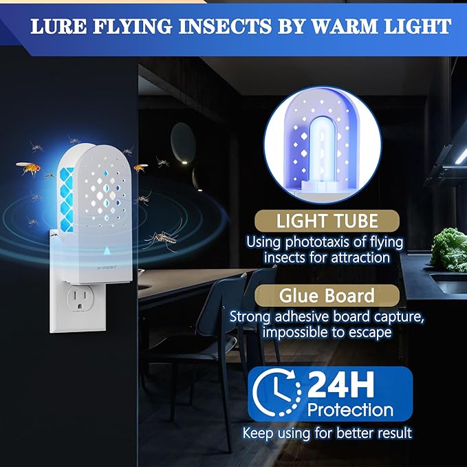 X-PEST Fly Trap Indoor, Gnat Traps with Light Tube, Plug in to Catch Flying Insects, Like Flies, Fruit Flies, Moths, Mosquitoes- Fly Zapper for Indoor Area Use (1 Device+5 Glue Boards)