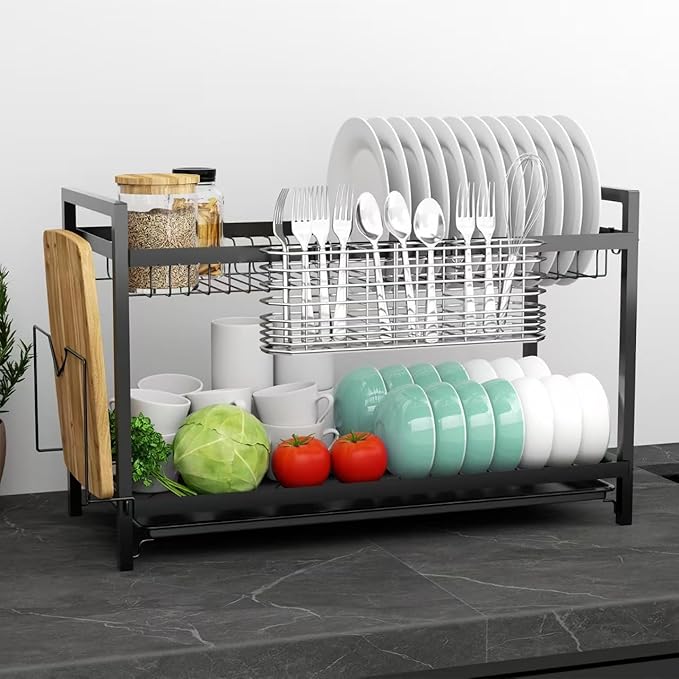 Fanbsy 304 Stainless Steel Utensil Holder, Dish Drying Rack, Kitchen Utensil Organizer, Knife and Fork Drainage Rack, Kitchen Drainage Basket Accessories, with Hooks, Rust Proof