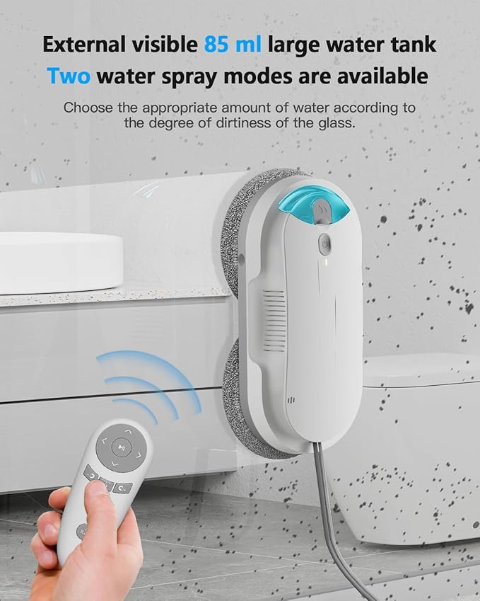 Window Cleaning Robot – 2400-3200Pa Suction, Dual Ultrasonic Spray, 85ml Tank, Edge Detection, Anti-Drop, 3 Cleaning Modes for Streak-Free Glass