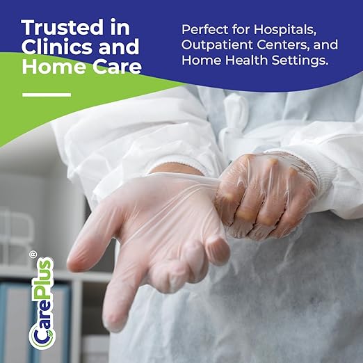 CARE PLUS Pro Vinyl Clear Gloves - Small Size, 100 Count | Latex-Free, Powder-Free, Heavy Duty, Non-Sterile, | Food Prep, Kitchen & Cleaning Gloves, Hair Coloring | Ideal for Professional Use