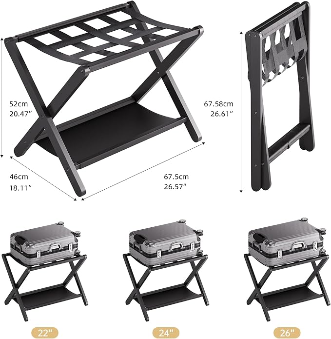 HITNET Luggage Rack for Guest Room, Pack of 2, Suitcase Stand Folding Bedroom, Bamboo Hotel Luggage Holder with Fabric Storage Shelf and Nylon Straps, Black