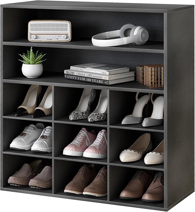 Garden 4 you Shoe Rack Organizer, 5-Tier Wood Cubby Shoe Rack with 2 Storage Shelf and 9 Cubbies, Shoe Organizer Cabinet for Entryway, Hallway, Closet and Garage,Black