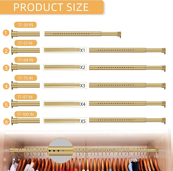 1.3 Inch Diameter Closet Rods for Hanging Clothes 17-51 Inch Adjustable, Metal Heavy Duty Closet Pole, Gold Closet Bar for Hanging Clothes, Suitable for Closet, Wardrobes, Bathroom, Windows