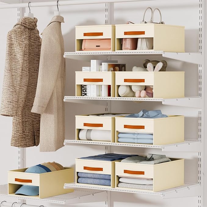 Homsorout Drawer Organizers and Storage - 10 Pack Foldable Pants Organizer with Clear Window & Handles, Fabric Closet Organizer for Clothes, Jeans, Sweaters, Towels, T-shirt, Scarf (Beige)