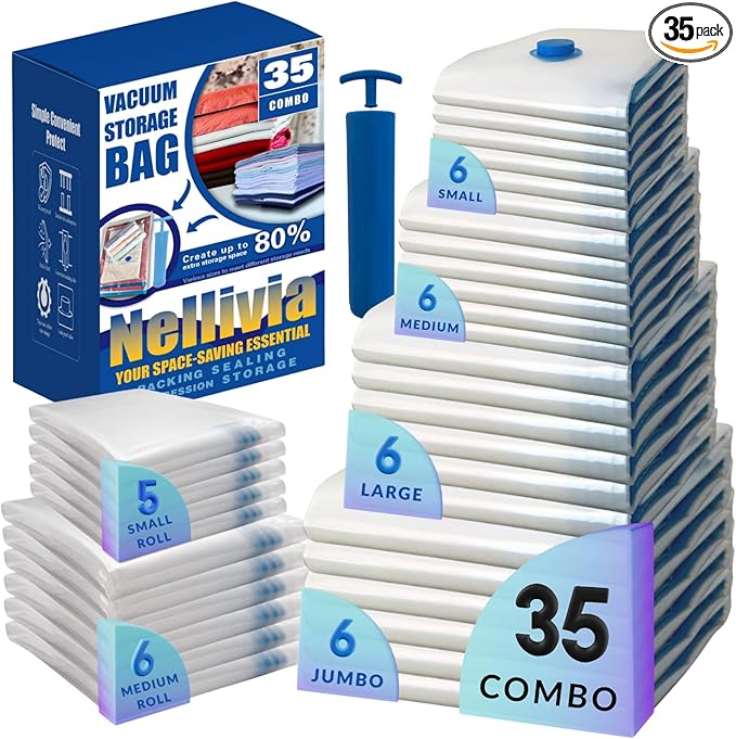 35 Pack Vacuum Storage Bags with Hand Pump, Compression Space Saver for Comforter, Bedding, Blanket Storage, Vacuum Seal Bags for Clothing, Travel Luggage Suitcase and Closet Organizer