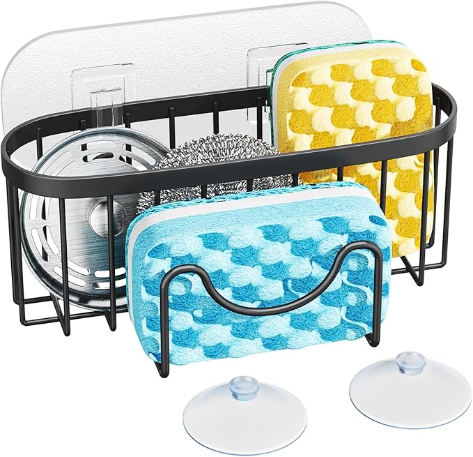 HapiRm Kitchen Sponge Holder for Sink - 2 Installation Methods Kitchen Sink Caddy Organizer with Unique M-Shaped, Rustproof Stainless Steel Sponge Caddy - Black（Large）