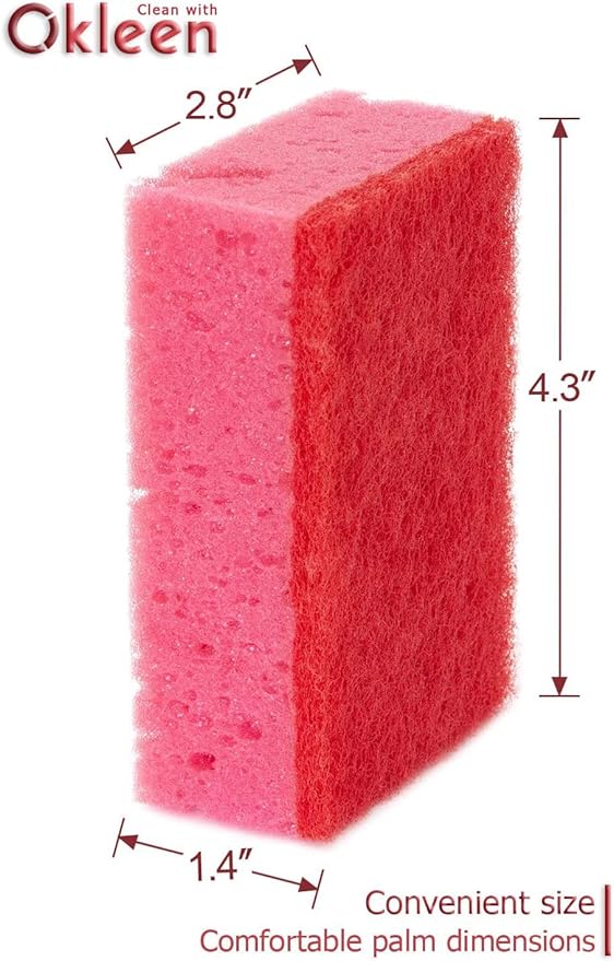 Pink Multi Use Scrub Sponges. Made in Europe. 18 Pack, 4.3x2.8x1.4 inches. Odorless Heavy Duty & Non Scratch Fiber. Durable and Delicate Scrubber for Kitchen & Bathroom, Housekeeping & Outdoors