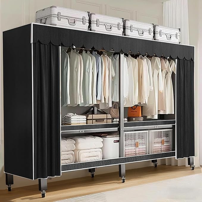 Heavy Duty Portable Closet with Cover 1200Ibs Foldable Covered Clothes Rack for Hanging Clothes Armoire Wardrobe Closet System Freestanding Coat Storage Garment Racks (150cm/59in（black）)