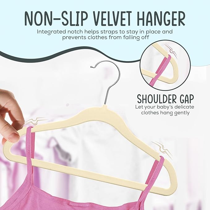 TechZoo 25 Premium Baby Velvet Hangers - 11.8 Inches Non-Slip & Ultra-Slim Baby Hangers for Space-Saving & Children Clothes - 360 Swivel Hook, Strong & Durable Infant & Toddler Clothes Hanger - Beige