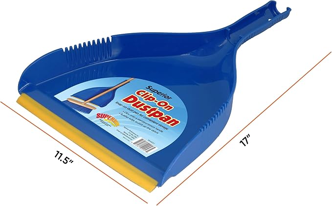 Superio Clip-On Dustpan - Heavy Duty Plastic, Easy Grip Clip-On Dust Pan with Rubber Edge, Detailed Sweeping Debris, Fits Standard Brooms Home & Commercial Dusting & Cleaning Tool, Blue, 2-Pack