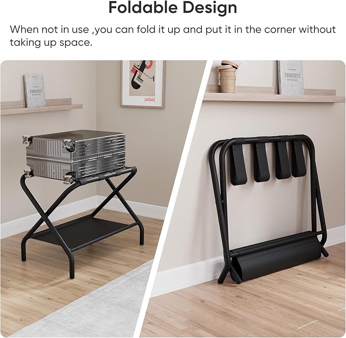 Smuxee Black Luggage Rack, Foldable Suitcase Stand with Fabric Storage Shelf, Luggage Holder with 4 Nylon Straps for Guest Room Bedroom Hotel
