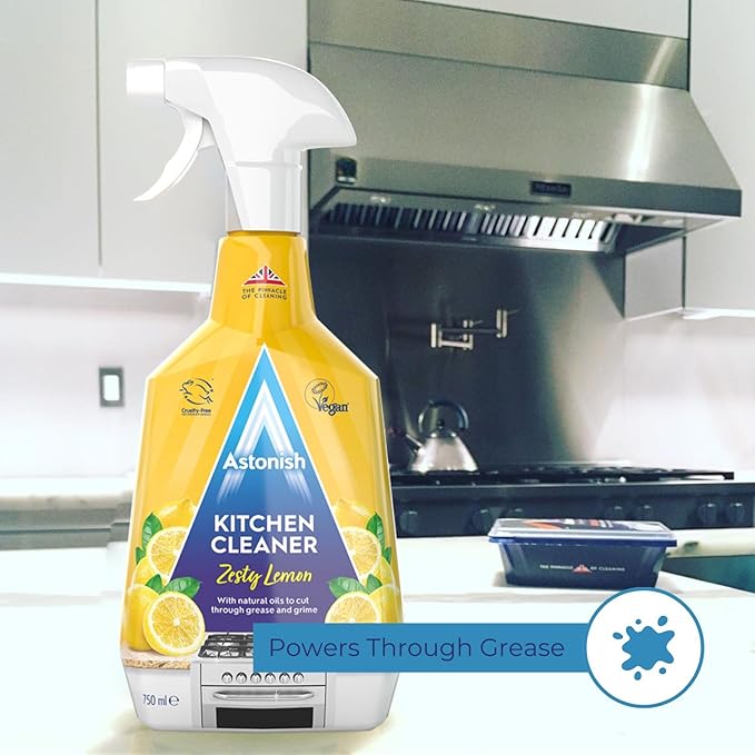 Astonish Zesty Lemon Scented Kitchen Cleaner - All Purpose Cleaning Solution Removes Grease, Grime, & Surface Stains - Cruelty Free Kitchen Grease And Multi Surface Cleaner - 750ml Spray Bottle