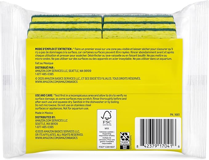 Amazon Basics Heavy Duty Scrub Sponges, Dual-Sided Design, Yellow/Green, 6-Pack, Packaging may vary