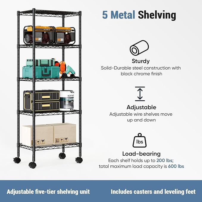 DUMOS Industrial 5 Level Grid Storage Rack ，Mobile Metallic Shelving System with Lockable Wheels， Multi-Purpose Cabinet for Workshop, Culinary Space, Storeroom, Washroom & Restroom Black