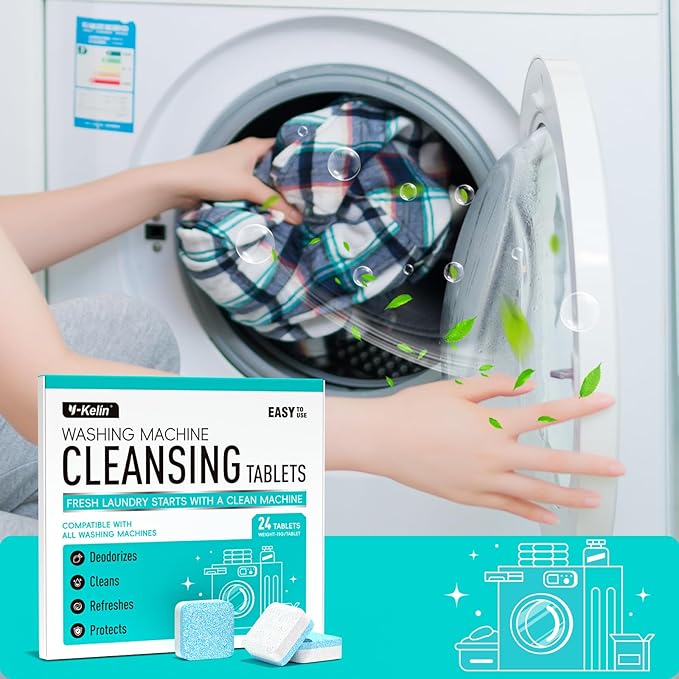 Y-Kelin Washing Machine Cleaner Tablets, 24 Pack - Up to 1 Year Supply, for HE Front & Top Load Washers, Septic Safe, Removes Odors & Residue, Fresh Scent