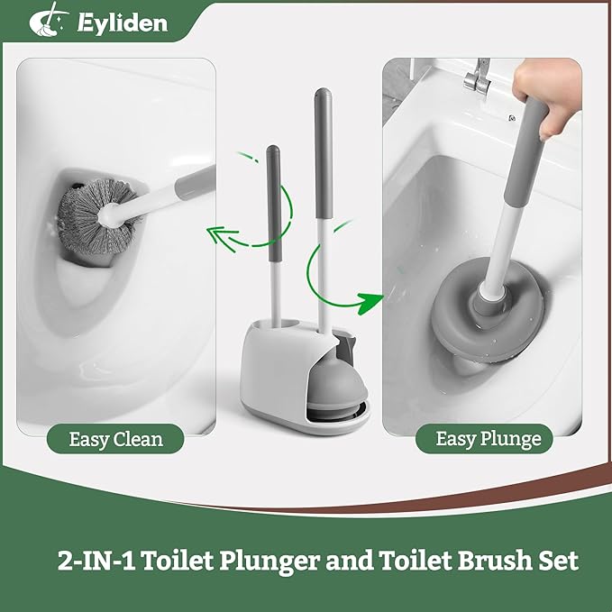 Eyliden Toilet Plunger & Brush Set, Upgrade 3-Step Suction Cup - Ultra-Tight Seal, Durable, Space-Saving Toilet Deep Cleaning Combo with Holder, Bathroom Essentials, White & Grey, Nylon Bristles