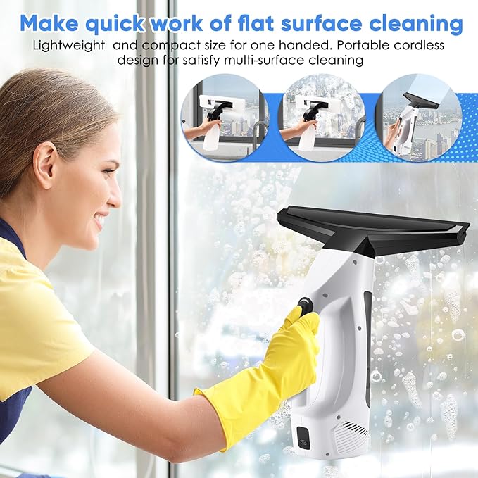 Window Vacuum Squeegee Cordless, Handheld Window Vac with Multi-Purpose Spray Bottle & Microfiber Cloth, Electric Cleaning Tool for Windows, Mirror, Countertop