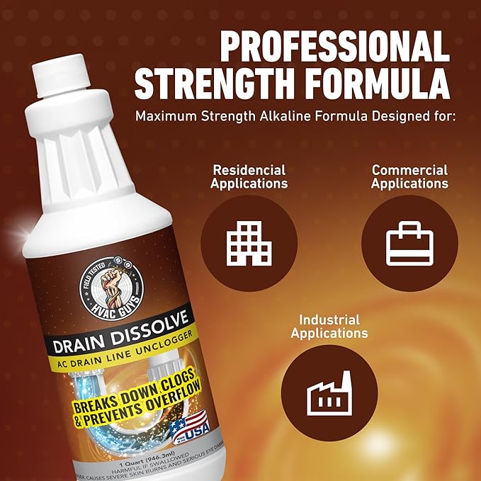 Drain Dissolve 2PK | AC Drain Line Cleaner & Unclogger | Heat Generating Alkaline Formula | Prevents Overflow | Clears Hair, Grease, Gunk - 32oz
