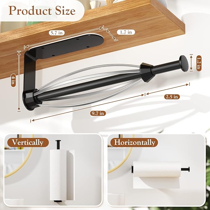 Paper Towel Holder Under Cabinet, Single Hand Operable Wall Mount with Damping Effect, Self-Adhesive or Drilled Paper Roll Holders for Kitchen, Bathroom, RV(2 Towel Robe Hooks)