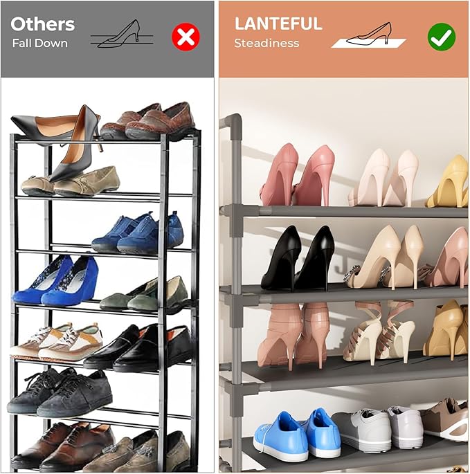 LANTEFUL 11 Tiers Tall Shoe Rack Holds 55 Pairs of Shoes with 18pcs Hooks Sturdy Wide Shoe Organizer Storage Free Standing Metal Shoe Shelf for Closet, Entryway Grey