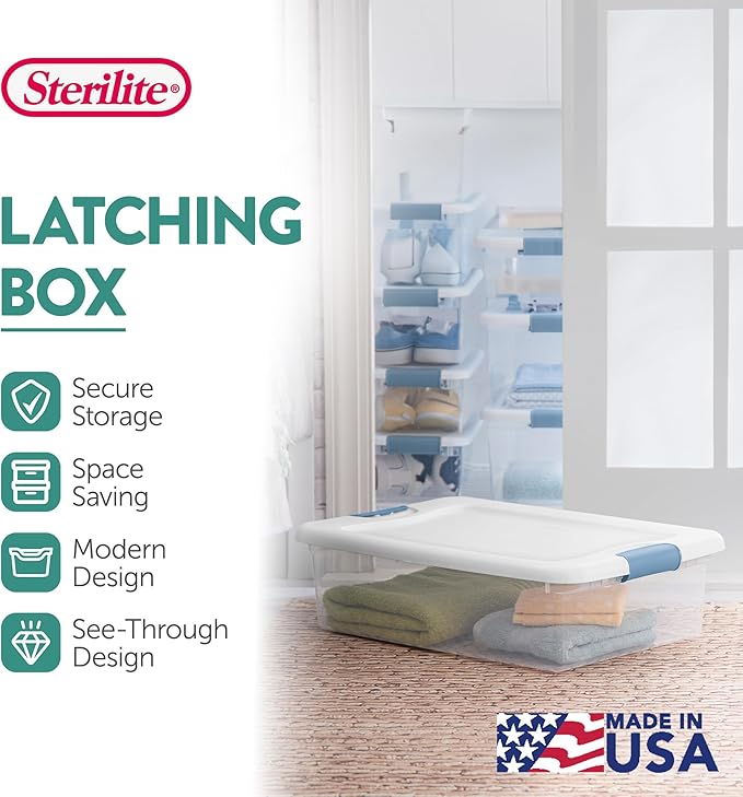 Sterilite 12-Pack Latching Box, Under Bed Storage Bins with Lids, Clear Plastic, 32 Quart - Heavy-Duty Organizing Containers for Closet, Bathroom, and Office