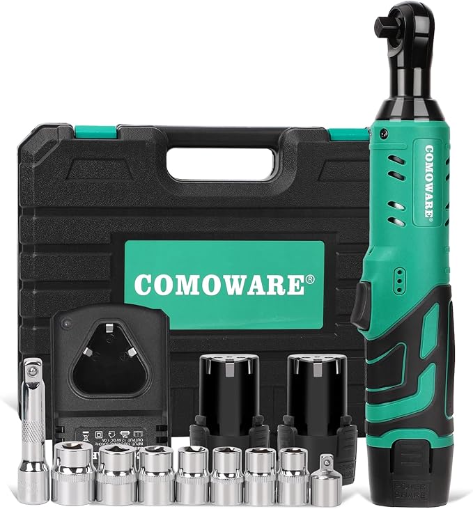 COMOWARE 3/8 Cordless Electric Ratchet Wrench Kit, 40ft-lbs Torque, 12V Power, 8 Sockets, LED Light, Fast Charger, Ergonomic Design