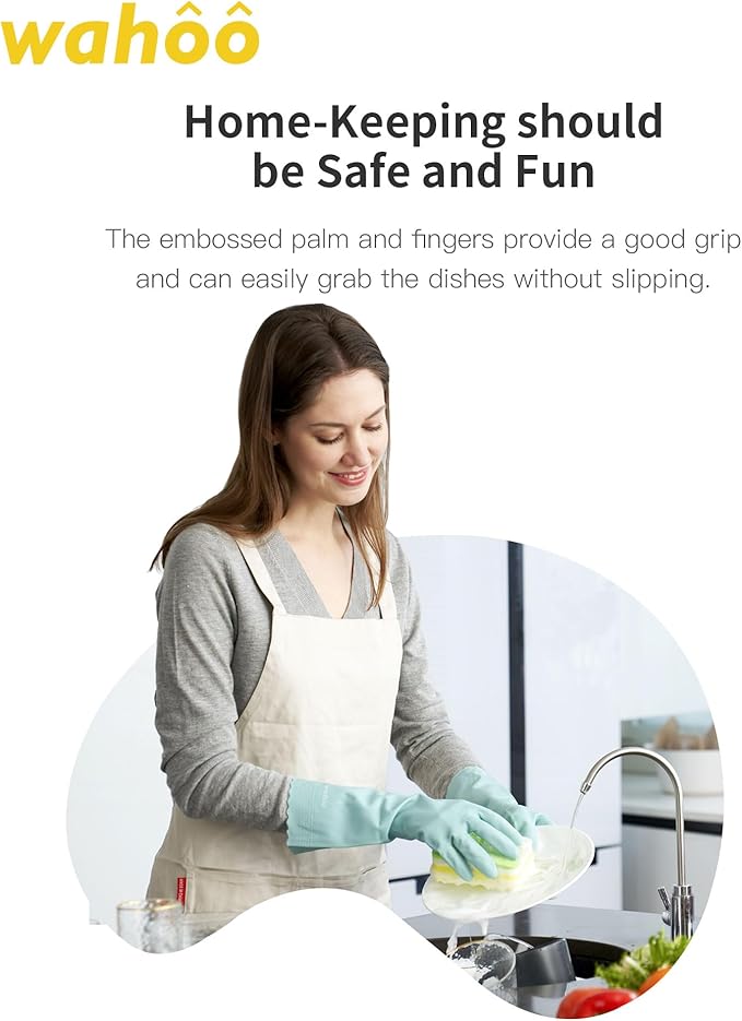 LANON wahoo Skin-Friendly Cleaning Gloves, Dishwashing Kitchen Gloves with Cotton Flocked Liner, Reusable, Non-Slip, Surf Spray, Medium