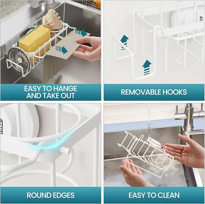 TAILI 4-in-1 Sponge Holder for Kitchen Sink with Strong Suction Cup Removable, Rustproof Stainless Steel Sink Caddy for Sponge, Brush, Scrubber, Scraper -White