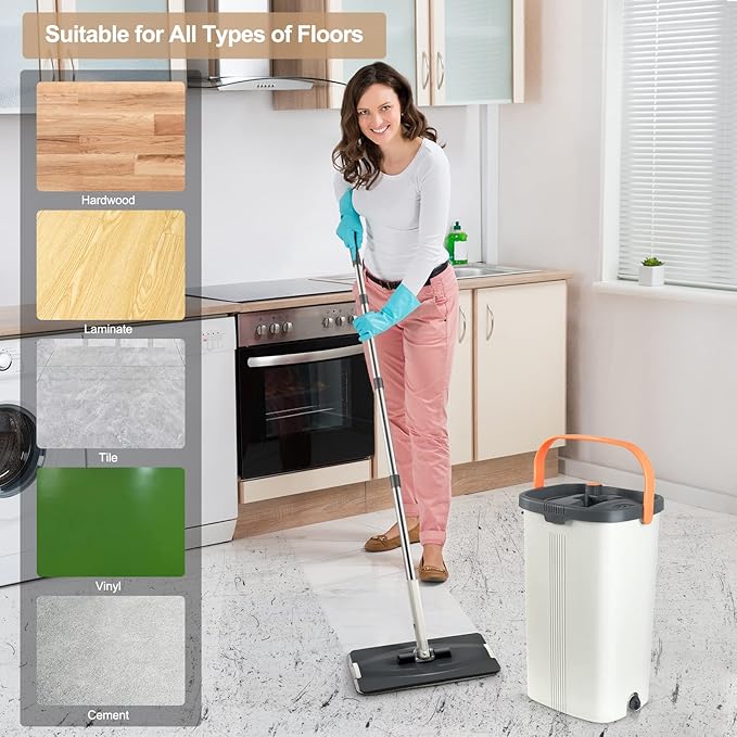 Jelymark Flat Mop and Bucket with Wringer Set, Separates Dirty and Clean Water, 3-Chamber Mop Wet and Dry Use, Not-Hands Squeeze Mops for Floor Cleaning, 4 Reusable Microfiber Mop Pads Included