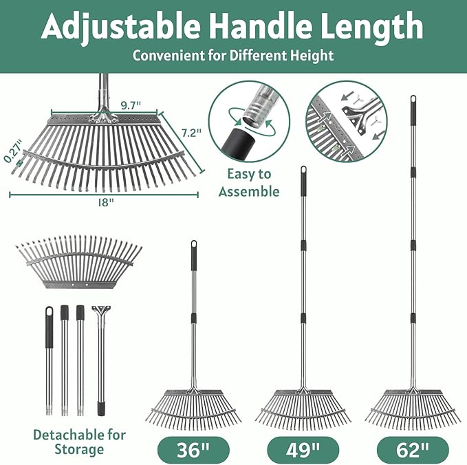 Garden Rake for Leaves with Leaf Bag & Gloves - 65 Inch Adjustable 25 Tines Metal Rake Set with 72 Gallon Reusable Yard Waste Bags for Gardening Lawns Outdoor Camping Shrub Grass Bush