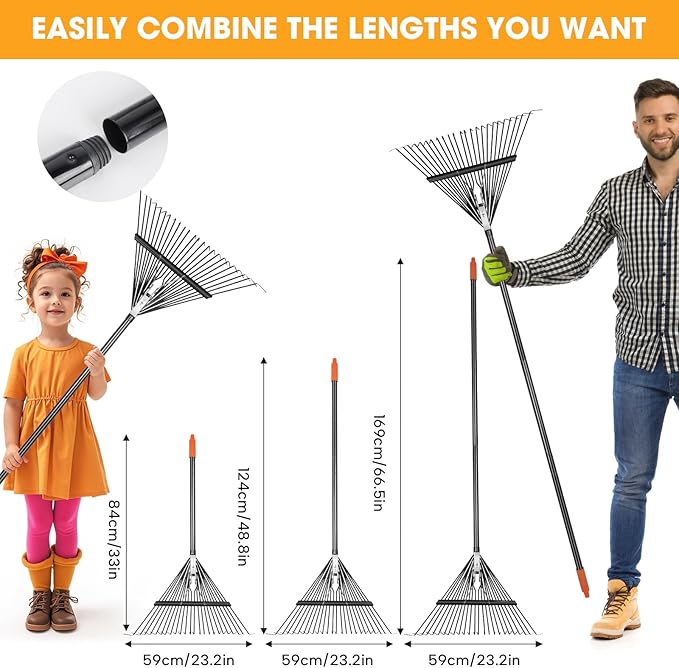 42 HRC Steel Gardening Leaf Rake, 24 Tines 23.2" Wide,Adjustable Split Long Handle 33-67",Suitable for Raking Leaves and Lawn Tidying,Garden rake and thatch rake Suitable for Adults（2 Pack