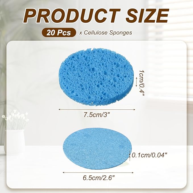 uxcell 20Pcs Cellulose Sponges, Round Kitchen Clean Sponges Non-Scratch Compressed Dish Scrubber for Kitchen Household Cookware Bathroom Cleaning & DIY, Blue